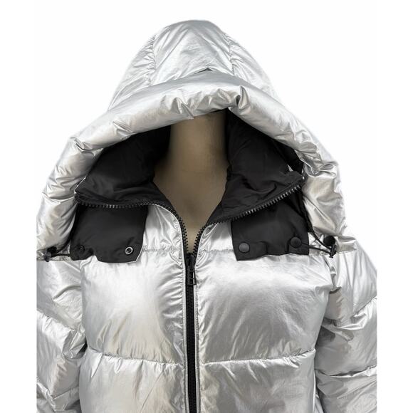 Express NWT Metallic Silver Reversible Black Hooded Full Zip Shiny Puffer Coat - Picture 7 of 13
